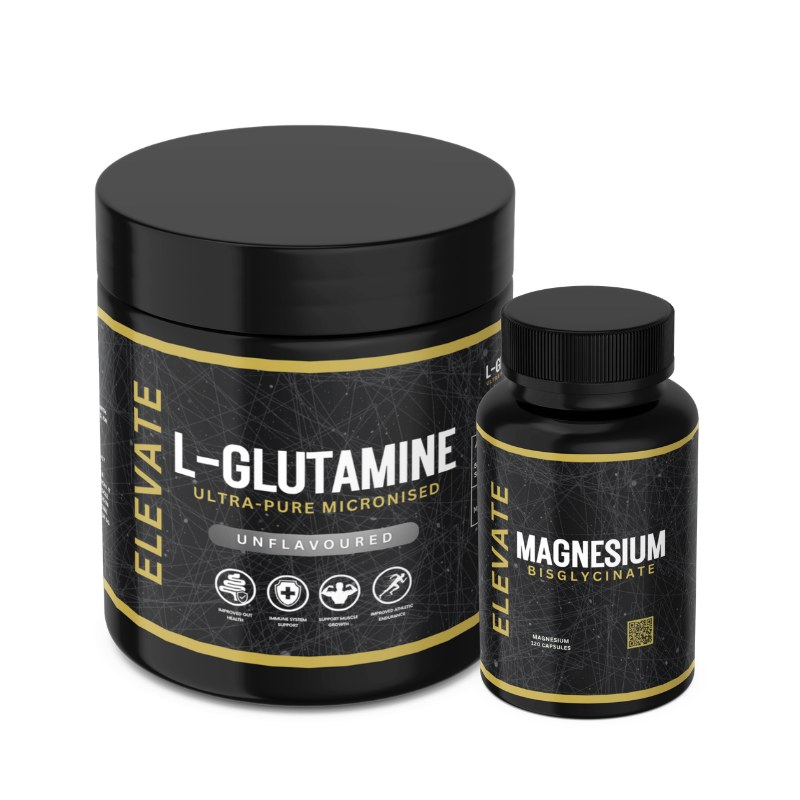 Elevate Recovery Essentials Bundle from ElevateSupplements with magnesium and L-glutamine supplements for muscle recovery.