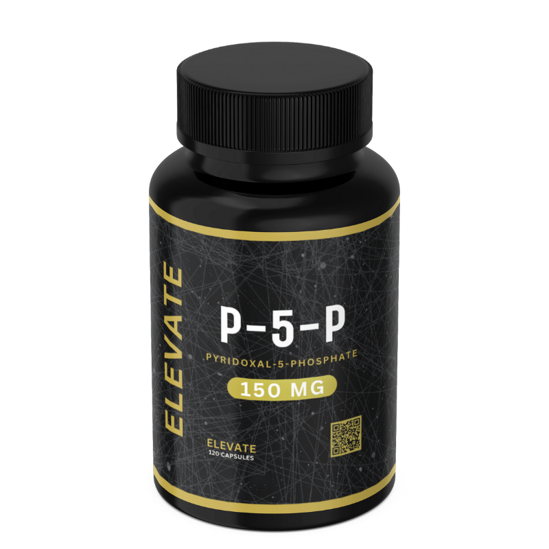 Elevate Supplements P-5-P active Vitamin B6 supplement bottle with label and supplement capsules in a natural setting
