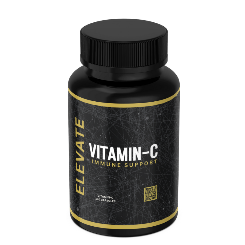Elevate Vitamin C 1000mg high-strength supplement bottle with white label and orange accents, displayed on a plain background.