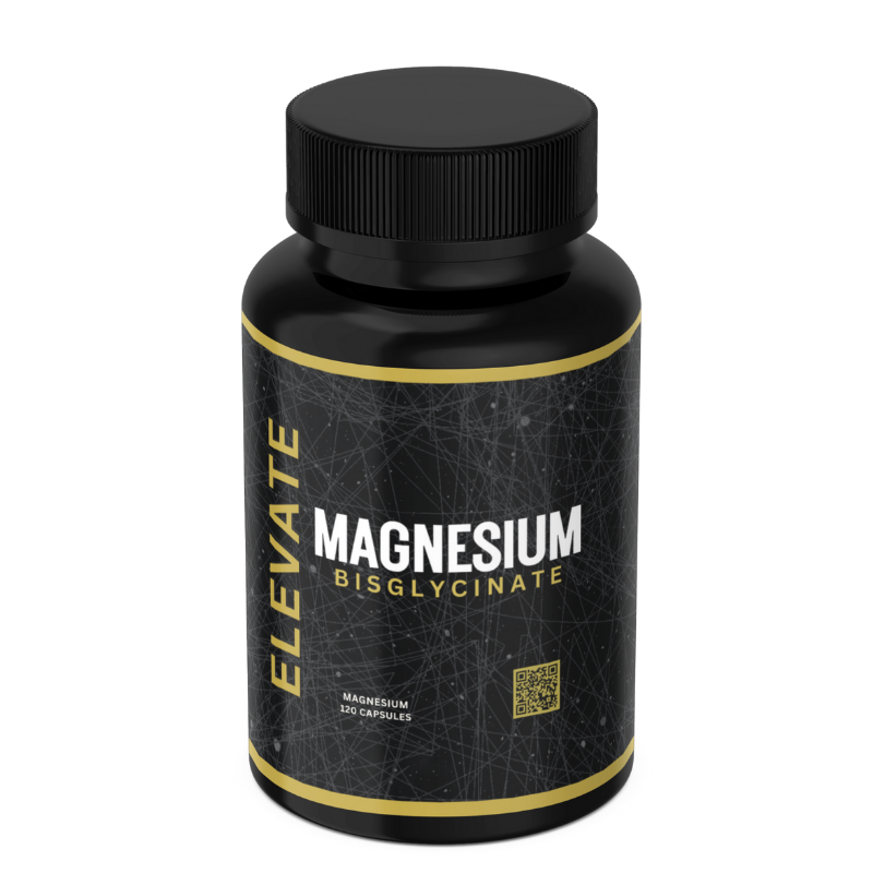 Bottle of Elevate Magnesium Bisglycinate supplement by ElevateSupplementsNI, showing the label and capsules inside.