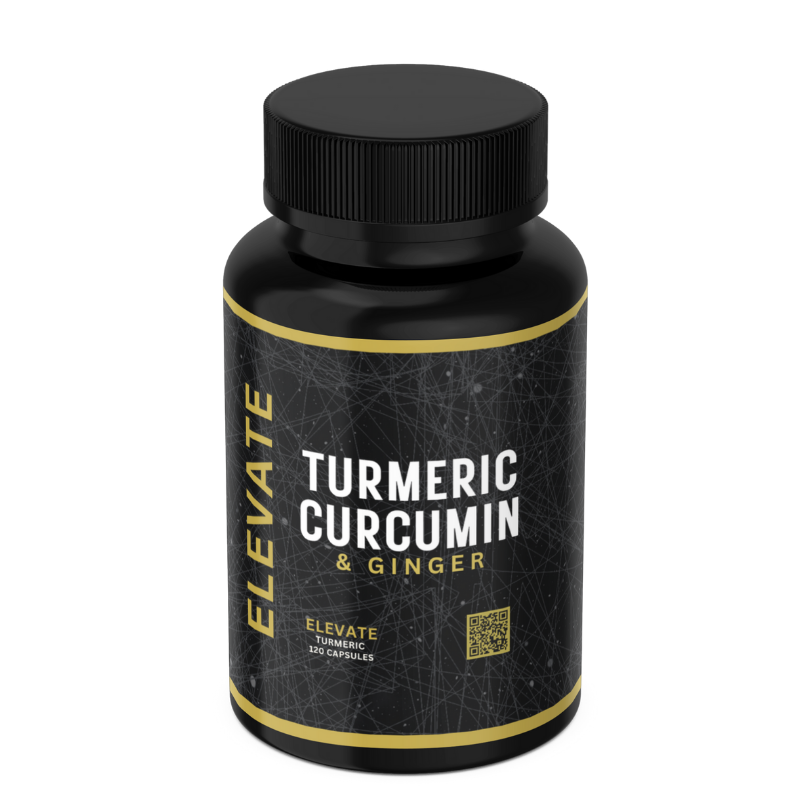 Elevate Supplements Turmeric Curcumin and Ginger supplement bottle with black pepper extract, featuring natural ingredients.