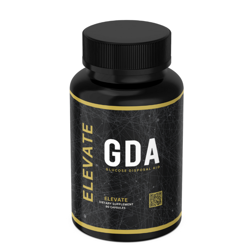 ElevateSupplementsNI Elevate GDA Glucose Disposal Agent supplement bottle with label featuring Berberine, dietary supplement for blood sugar support.