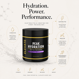 Elevate Peak Hydration electrolyte and creatine powder by ElevateSupplements in a 270g container, shown scooped and ready to mix.