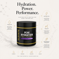 Elevate Peak Hydration electrolyte and creatine powder by ElevateSupplements in a 270g container, shown scooped and ready to mix.