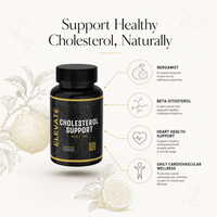 Elevate Supplements Elevate Cholesterol Support bottle featuring bergamot and beta-sitosterol capsules on a white background.