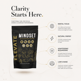Elevate Mushroom Coffee by ElevateSupplementsNI featuring Lion's Mane and adaptogenic mushroom ingredients in a coffee cup.
