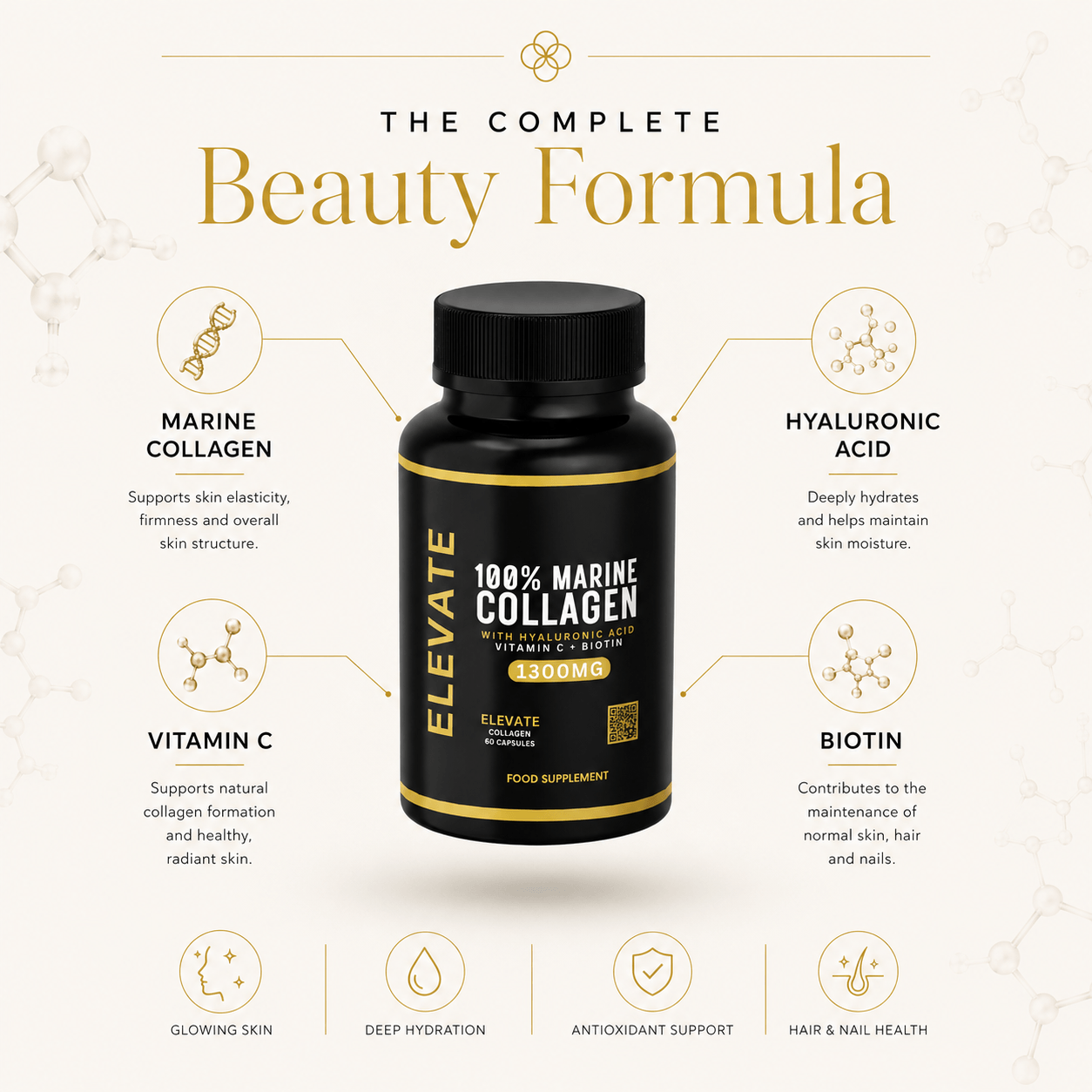 Elevate Marine Collagen supplement bottle with hyaluronic acid, vitamin C, and biotin from ElevateSupplementsNI.