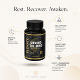 ElevateSleep Aid bottle with supplement capsules containing 5-HTP, magnesium, and L-theanine for natural sleep support.