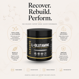 Elevate L-Glutamine supplement in a 500g container, ultra-micronized powder for muscle recovery and immune support.