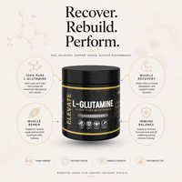 Elevate L-Glutamine supplement in a 500g container, ultra-micronized powder for muscle recovery and immune support.