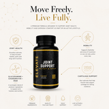 Elevate Joint Support Capsules featuring glucosamine, chondroitin, and MSM in a bottle with capsules visible inside.