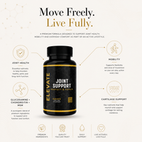 Elevate Joint Support Capsules featuring glucosamine, chondroitin, and MSM in a bottle with capsules visible inside.