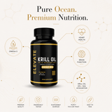Elevate Krill Oil 3000mg supplement bottle with label showing astaxanthin, omega-3, EPA, and DHA, from ElevateSupplementsNI.