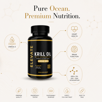 Elevate Krill Oil 3000mg supplement bottle with label showing astaxanthin, omega-3, EPA, and DHA, from ElevateSupplementsNI.