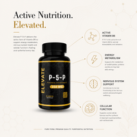 Elevate Supplements P-5-P Active Vitamin B6 supplement bottle with label and capsules visible.
