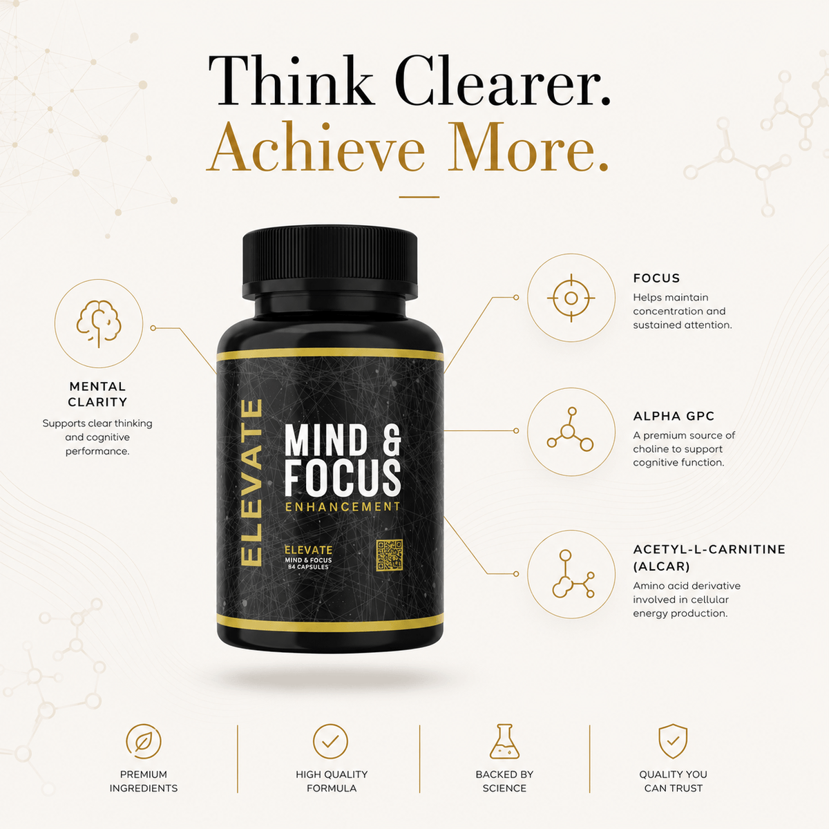 Elevate Mind & Focus supplement by ElevateSupplementsNI featuring capsules with Alpha GPC and Acetyl-L-Carnitine for mental clarity