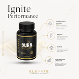 ElevateBurn thermogenic fat burner capsules by ElevateSupplementsNI, showing a bottle of dietary supplement capsules with label.