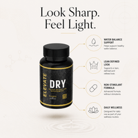 Elevate Dry water balance and definition supplement by ElevateSupplementsNI, showing the product bottle with label details.