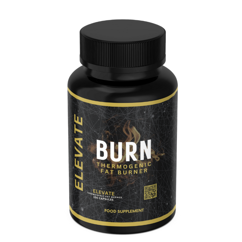 ElevateBurn thermogenic fat burner capsules by ElevateSupplementsNI, showing the capsule bottle and supplement packaging.