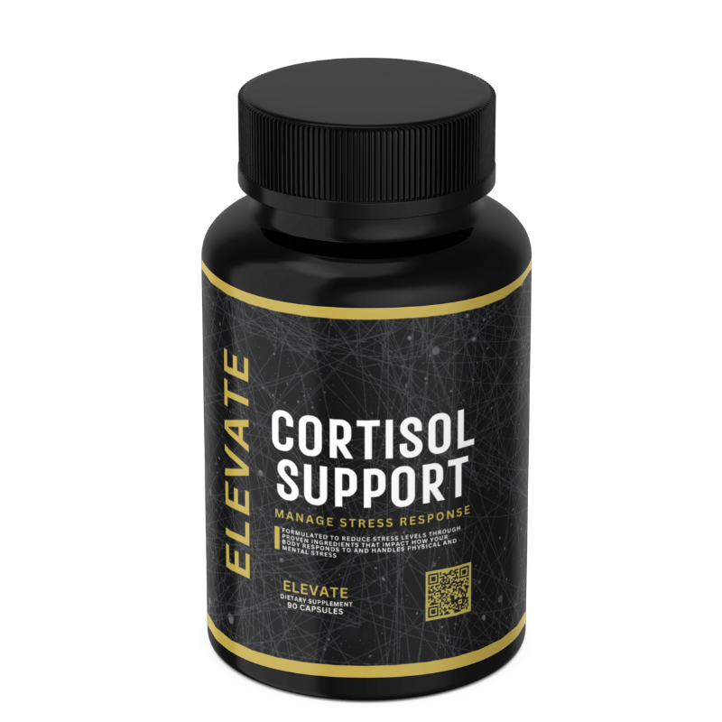 Bottle of Elevate Cortisol Support supplement by ElevateSupplementsNI featuring ashwagandha and rhodiola root extract.