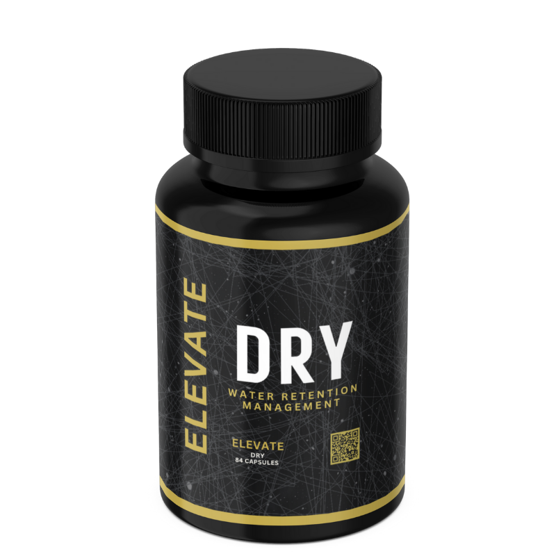 Elevate Dry water balance and muscle definition supplement container from ElevateSupplementsNI, with label showing product details.