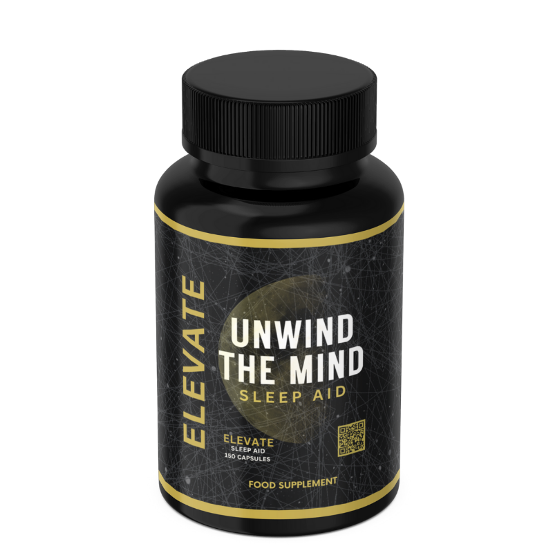 Elevate Sleep Aid supplement bottle with capsules containing 5-HTP, magnesium, and L-theanine for restful sleep.
