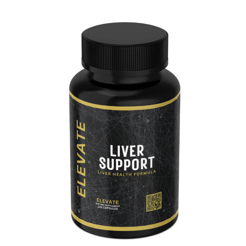 Elevate Liver Support supplement container from ElevateSupplementsNI featuring NAC, TUDCA, and Milk Thistle ingredients.
