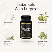 Elevate Cholesterol Support supplement by ElevateSupplementsNI with bergamot and beta-sitosterol capsules in a bottle.