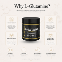 Elevate L-Glutamine supplement in a 500g container, ultra-micronized powder for fitness and muscle recovery.
