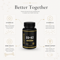 Two bottles of Elevate Supplements Elevate D3 + K2 5000 IU high-strength vitamin D3 and K2 supplements on a white background