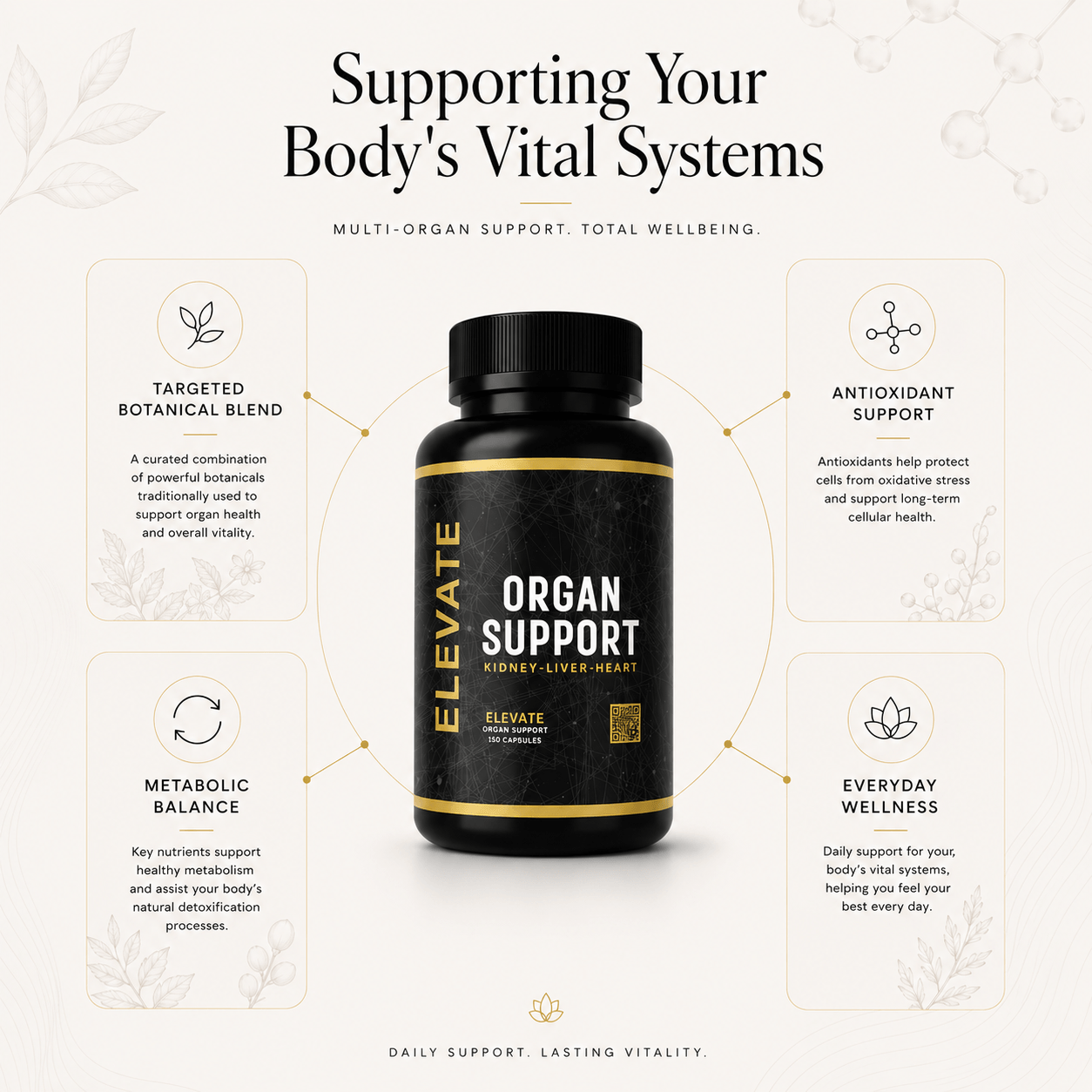 Elevate Supplements Elevate Organ Support bottle showing label with multi-organ health formula and supplement capsules.