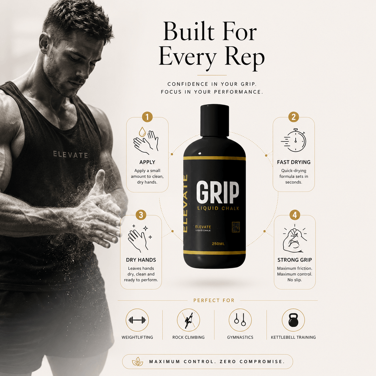 Elevate Supplements Elevate Grip Liquid Chalk for enhanced grip and long-lasting hold during workouts and lifting sessions.