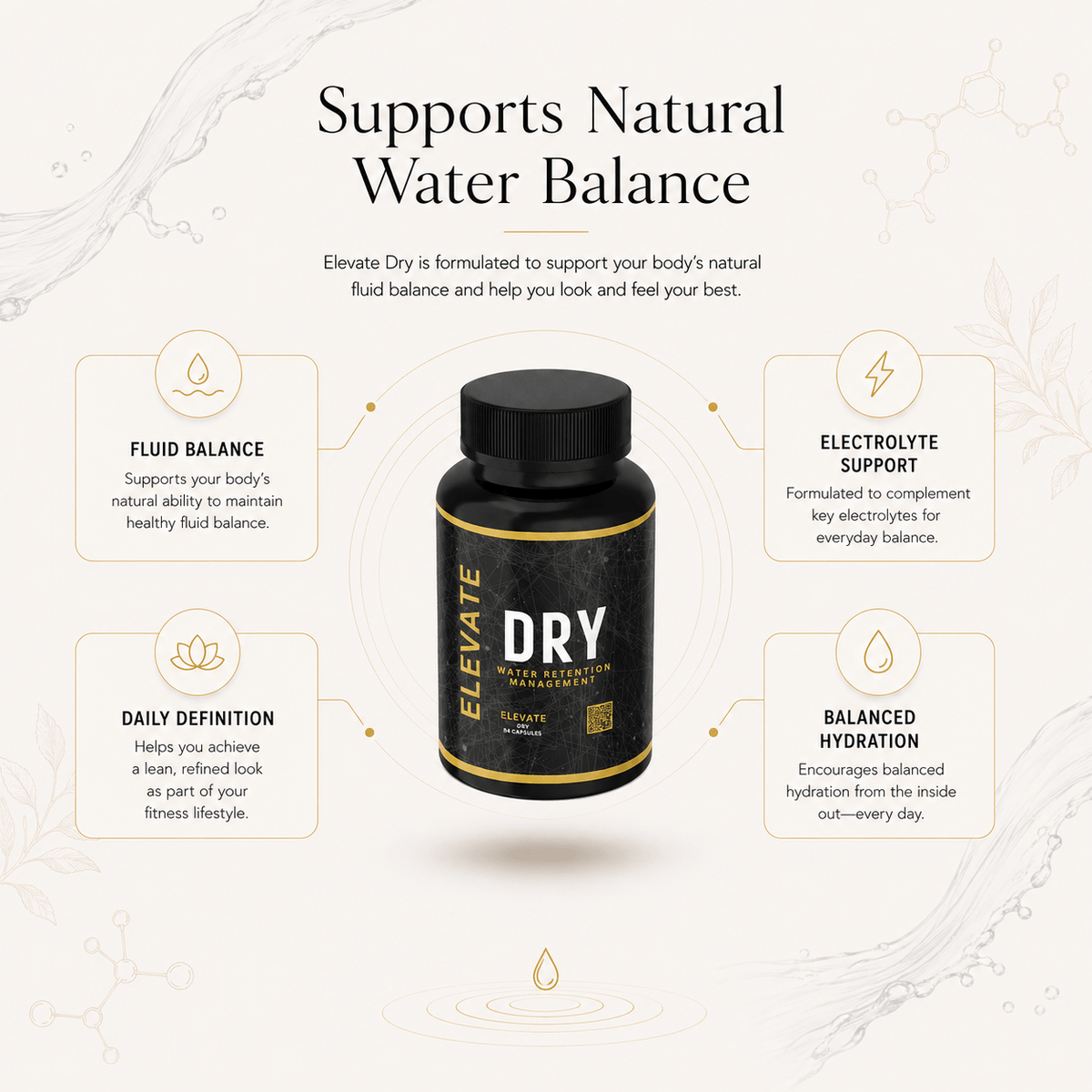 Elevate Dry water balance and definition formula by ElevateSupplementsNI, featuring a container of the supplement with label details visible.