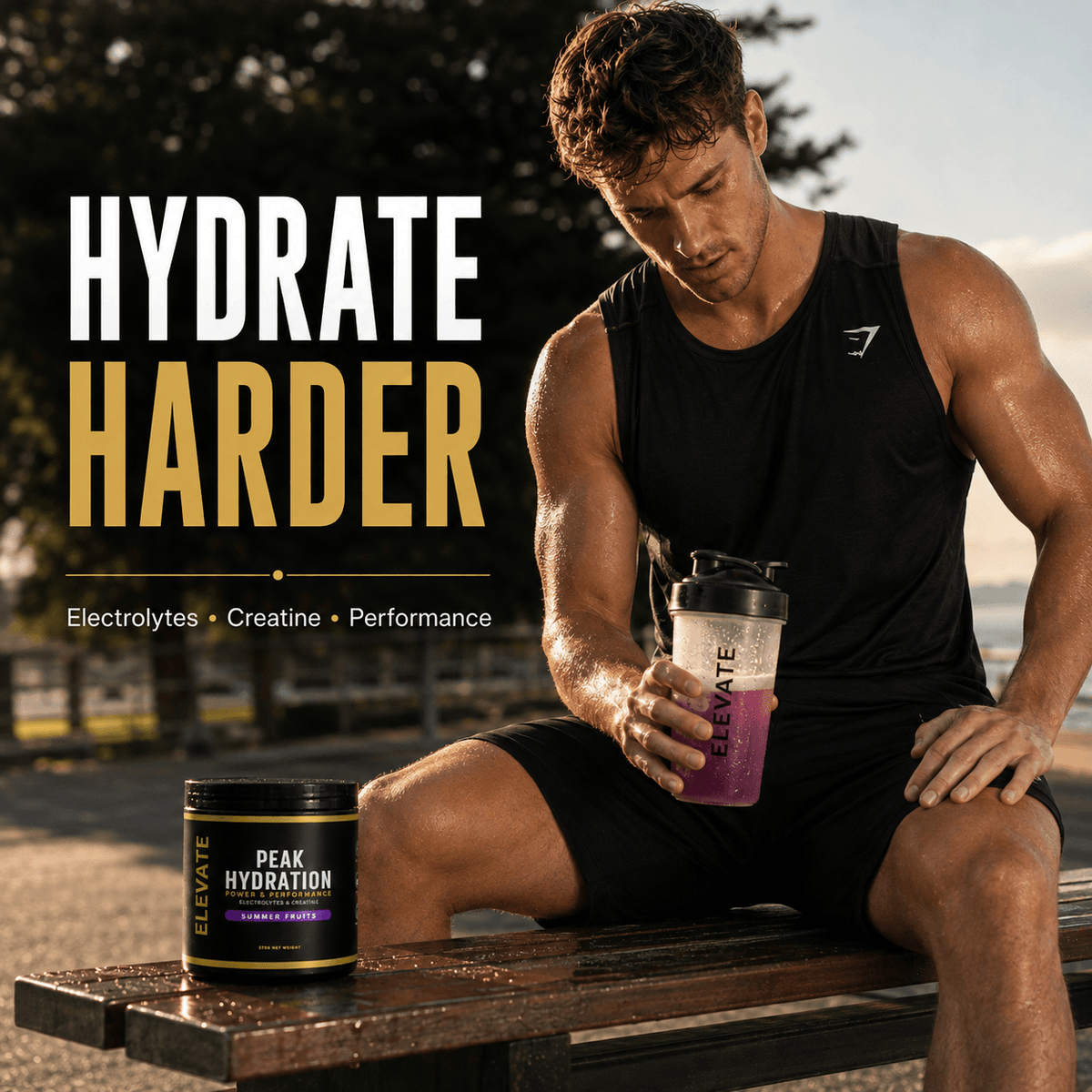 Elevate Peak Hydration electrolytes and creatine powder in a 270g container, manufactured by ElevateSupplements.