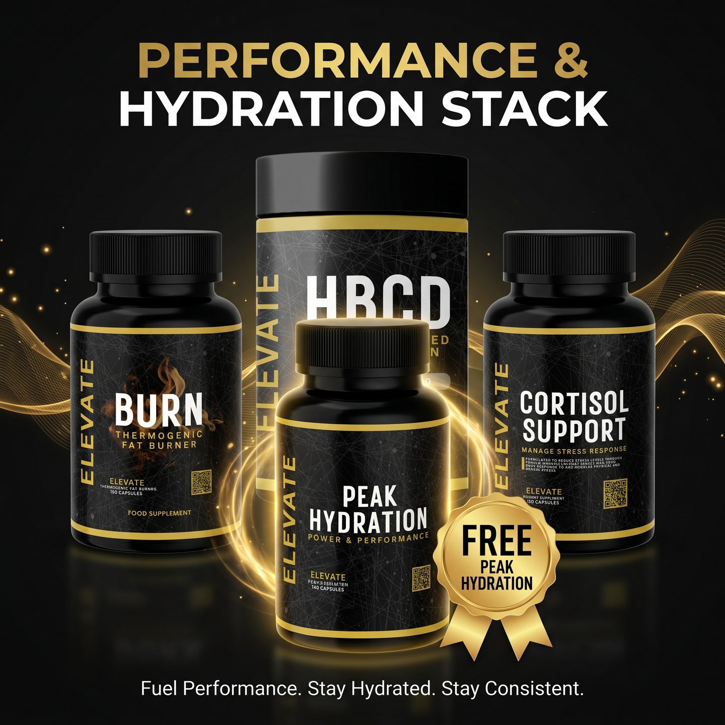 Elevate Supplements Performance & Hydration Stack with Peak Hydration supplement, featuring bottles of dietary supplements and hydration products.
