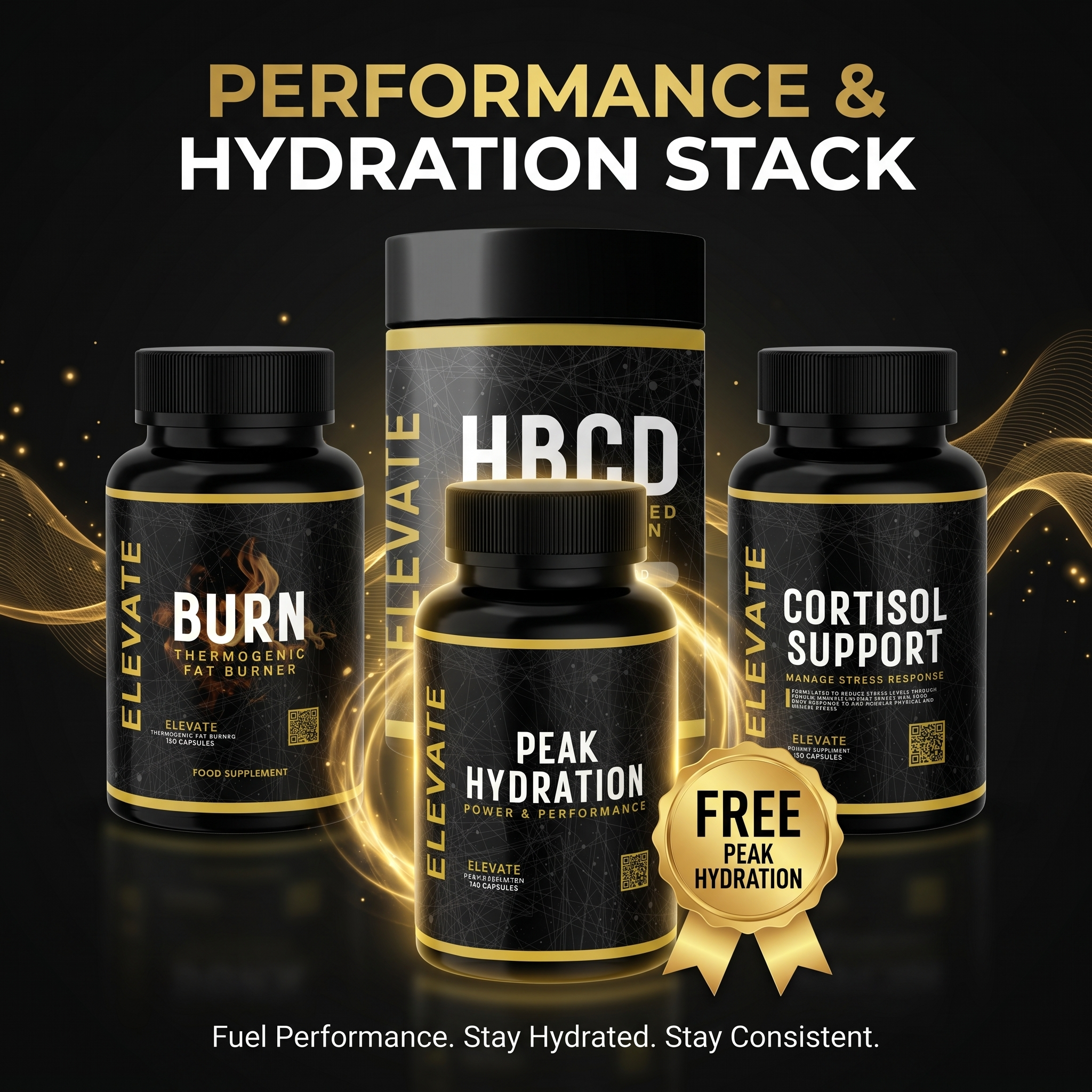 Elevate Supplements Performance & Hydration Stack with Peak Hydration supplement, featuring bottles of dietary supplements and hydration products.