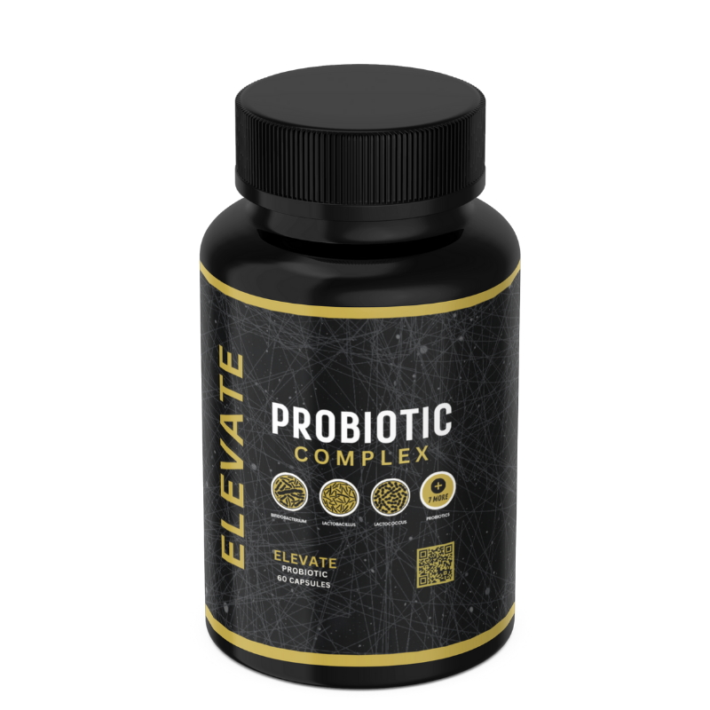 Elevate Probiotic Complex by ElevateSupplementsNI, multi-strain probiotics supplement with capsules in a white bottle.