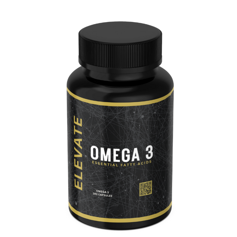 Elevate Omega 3 supplement bottle with high-strength EPA and DHA in softgel capsules, branded ElevateSupplementsNI.