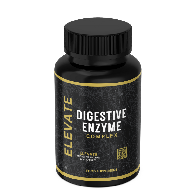 Elevate Digestive Enzyme Complex bottle showing label with multi-enzyme formula for improved digestion and gut health.