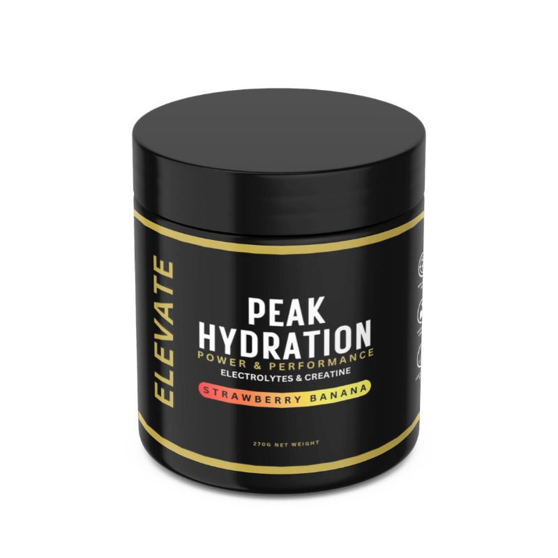 Elevate Peak Hydration electrolytes and creatine powder container from ElevateSupplements, with a blue and white label and scoop inside.