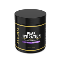 Elevate Peak Hydration electrolyte and creatine powder in a 270g container, supplement by ElevateSupplements with scoop and packaging.