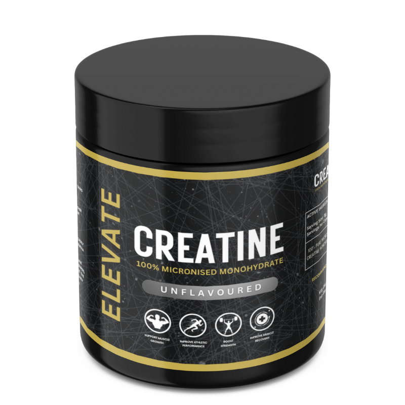 Container of Elevate Creatine Monohydrate by ElevateSupplementsNI, showing micronized creatine powder in a clear jar.