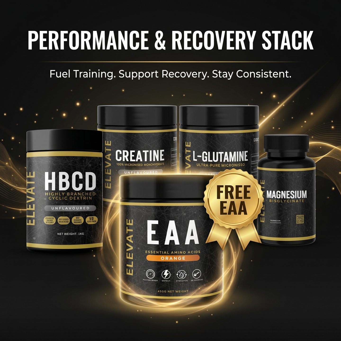 ElevateSupplements Performance & Recovery Stack with free EAA, featuring supplement bottles and workout-related imagery.