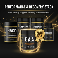 ElevateSupplements Performance & Recovery Stack with free EAA, featuring supplement bottles and workout-related imagery.