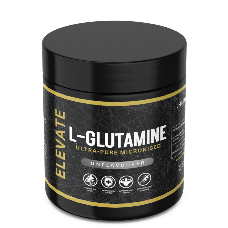 Container of Elevate L-Glutamine 100% Ultra Micronised supplement from ElevateSupplementsNI, showing the product packaging on a white background.