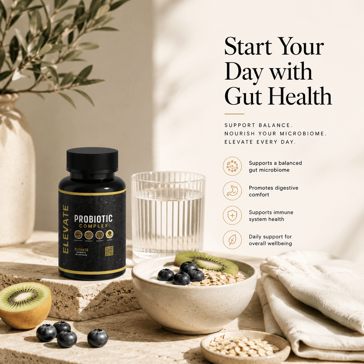 Elevate Probiotic Complex by ElevateSupplementsNI with multiple strains of probiotics in a clear supplement bottle.