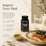 Elevate Digestive Enzyme Complex by ElevateSupplementsNI, featuring a multi-enzyme formula in a bottle with supplement capsules.