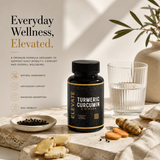 Elevate Supplements Turmeric Curcumin and Ginger supplement bottle with black pepper extract, label showing supplement details.