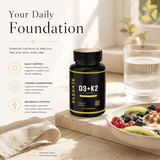 Elevate Supplements Elevate D3 + K2 5000 IU bottle showing high strength vitamin D3 and K2 capsules.