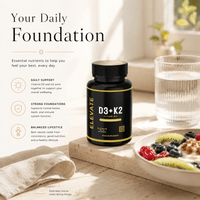 Elevate Supplements Elevate D3 + K2 5000 IU bottle showing high strength vitamin D3 and K2 capsules.